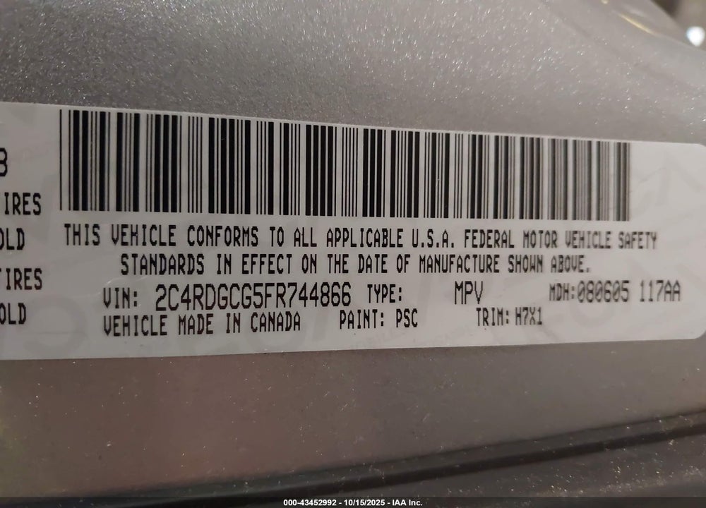 2015 DODGE GRAND CARAVAN SXT VIN: 2C4RDGCG5FR744866