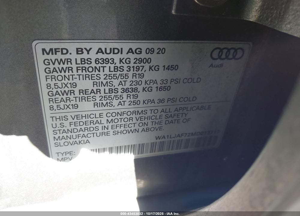 2021 AUDI Q7 VIN: WA1LJAF72MD013717