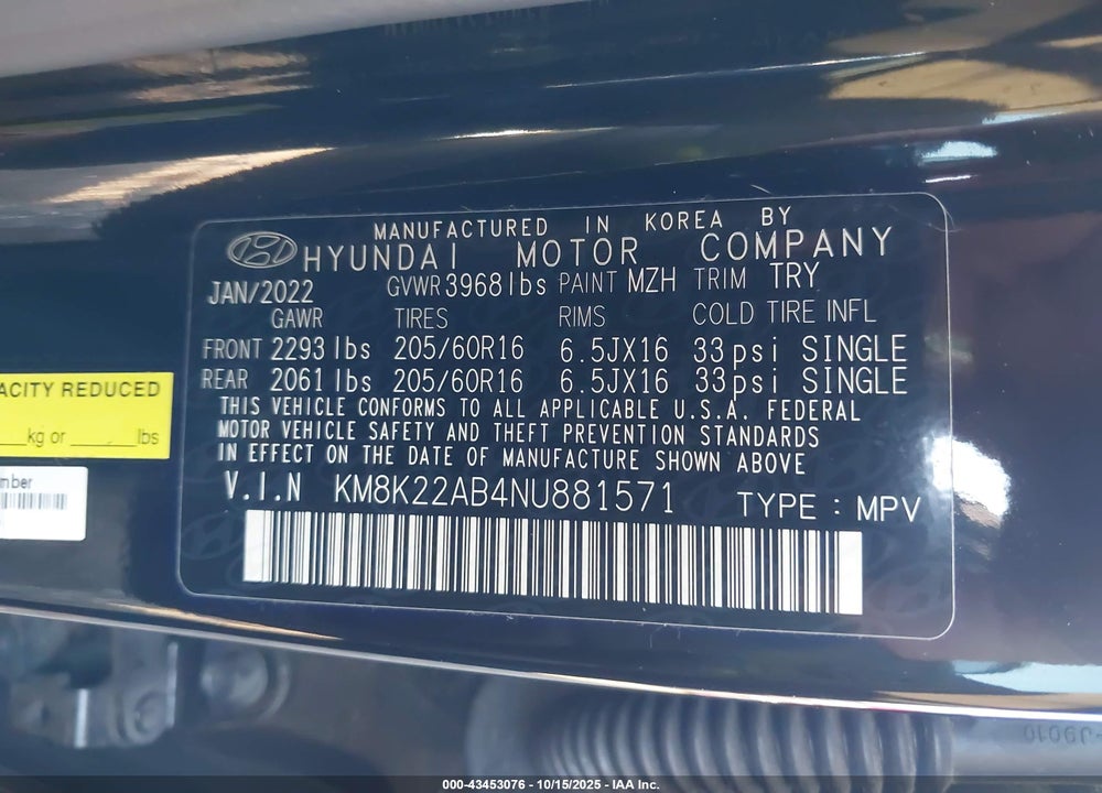 2022 HYUNDAI KONA SE VIN: KM8K22AB4NU881571
