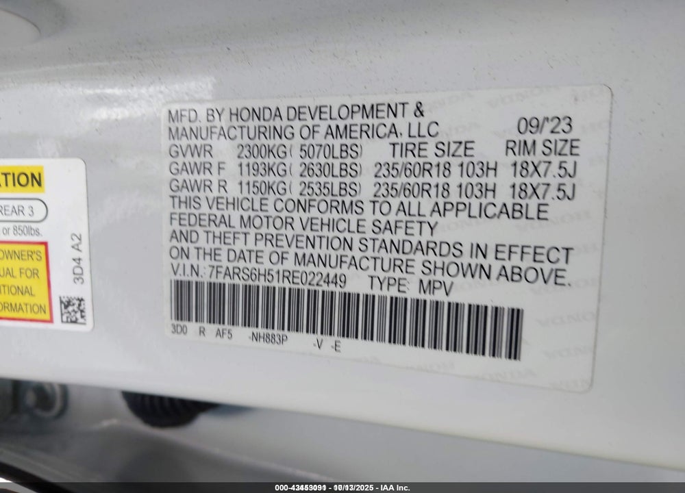 2024 HONDA CR-V HYBRID SPORT VIN: 7FARS6H51RE022449