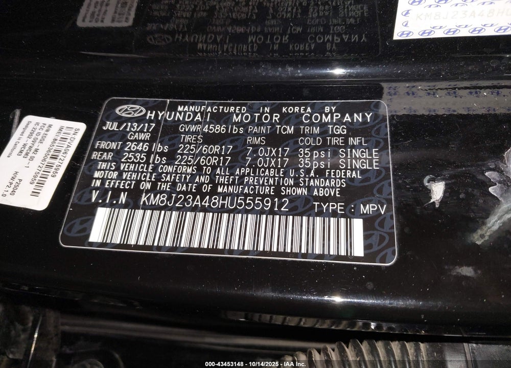 2017 HYUNDAI TUCSON SE VIN: KM8J23A48HU555912