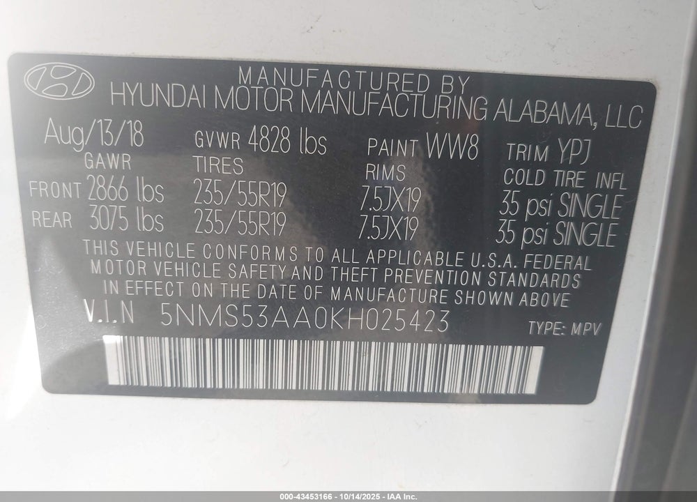 2019 HYUNDAI SANTA FE VIN: 5NMS53AA0KH025423