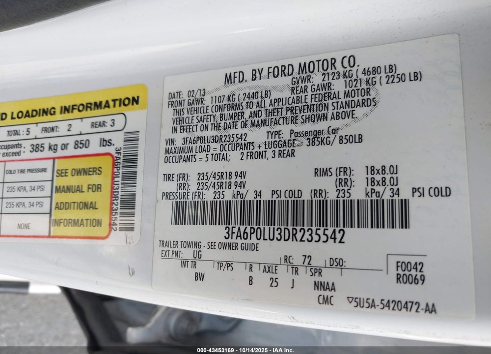 2013 FORD FUSION HYBRID SE VIN: 3FA6P0LU3DR235542