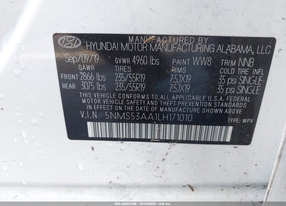 2020 HYUNDAI SANTA FE LIMITED 2.0T VIN: 5NMS53AA1LH171010