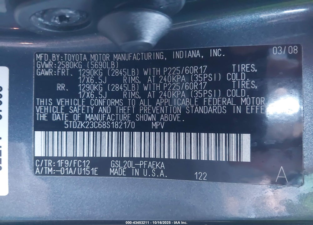 2008 TOYOTA SIENNA LE VIN: 5TDZK23C68S182170
