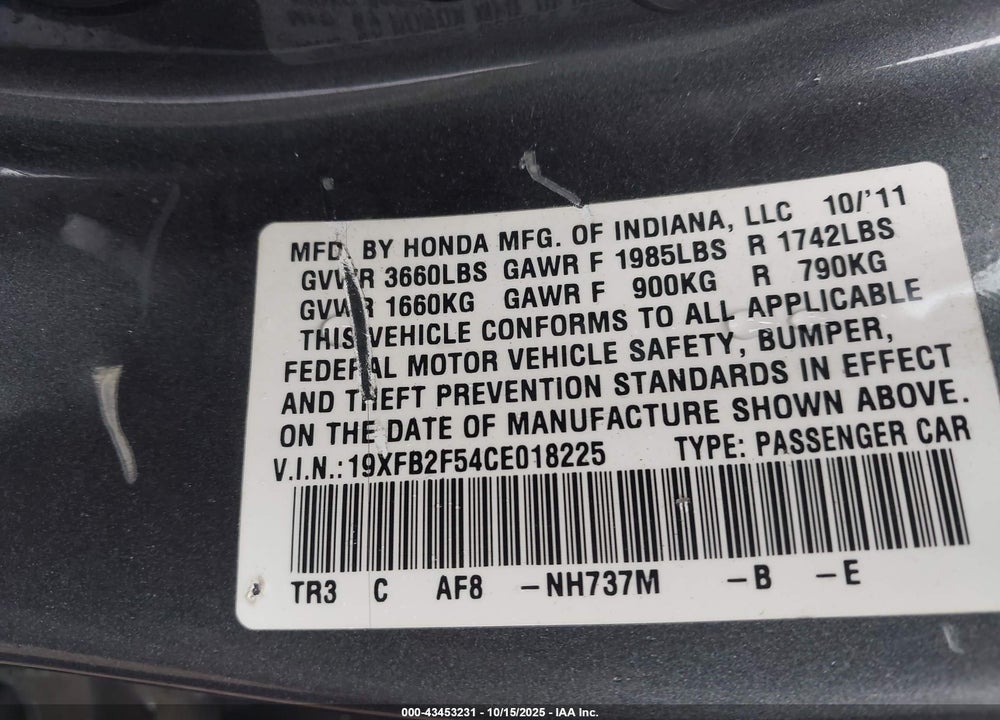 2012 HONDA CIVIC LX VIN: 19XFB2F54CE018225