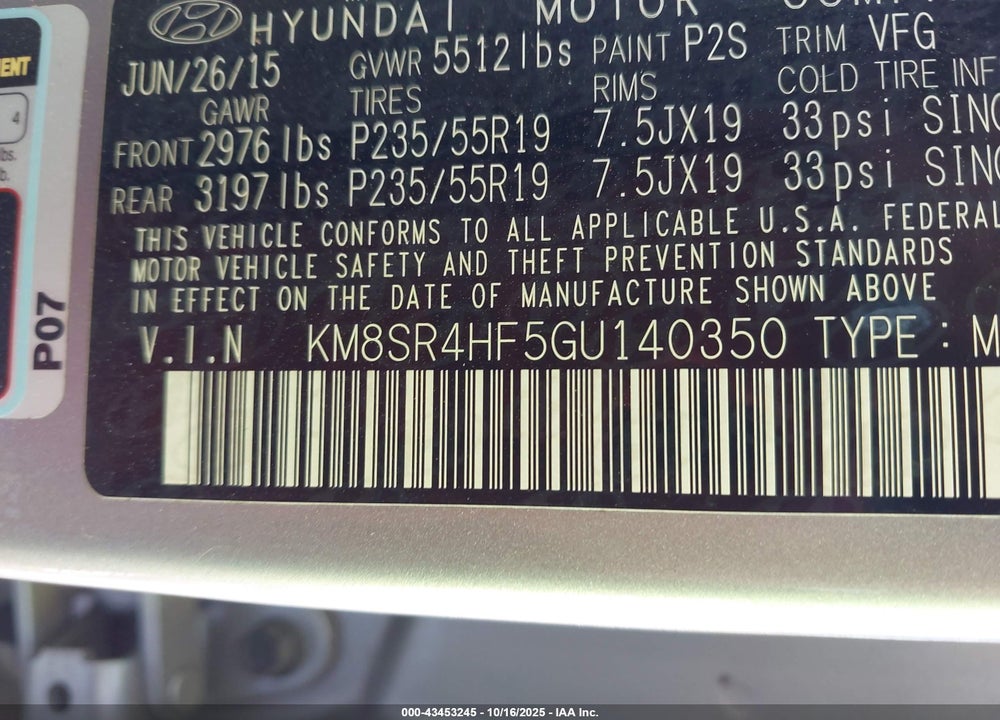 2016 HYUNDAI SANTA FE LIMITED VIN: KM8SR4HF5GU140350
