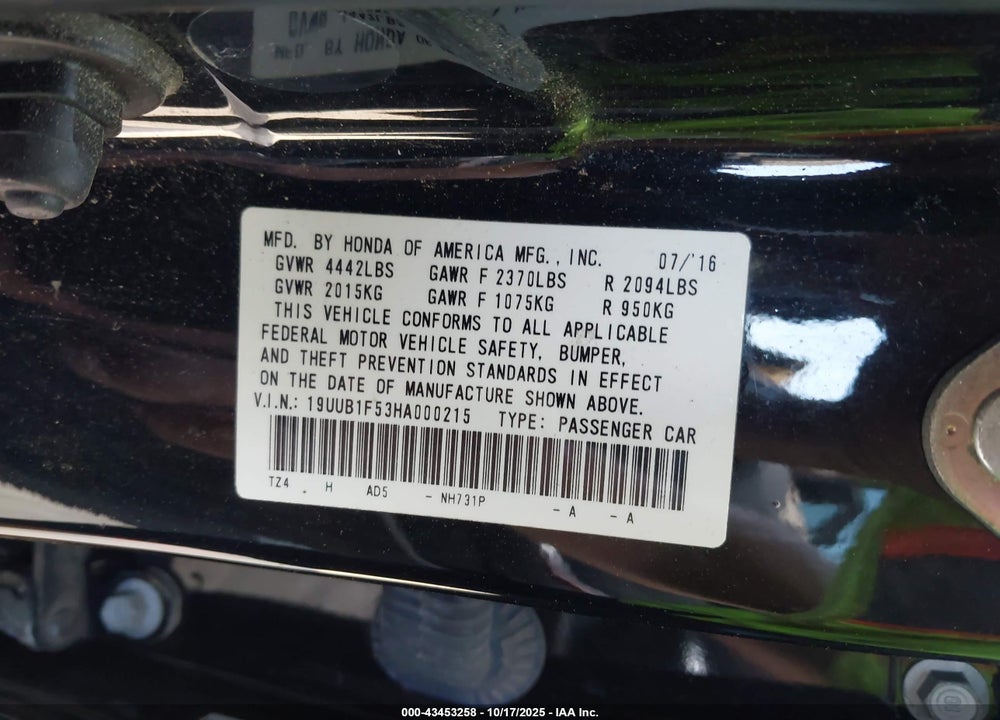 2017 ACURA TLX TECHNOLOGY PACKAGE VIN: 19UUB1F53HA000215