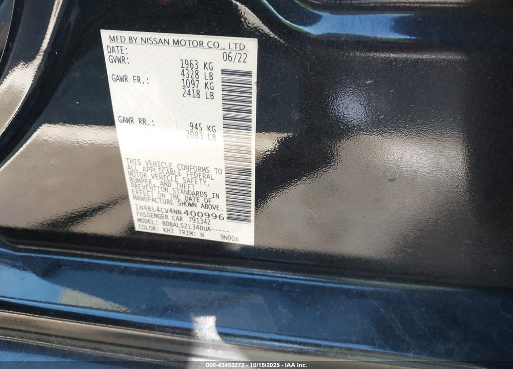2022 NISSAN ALTIMA SR FWD VIN: 1N4BL4CV4NN400996