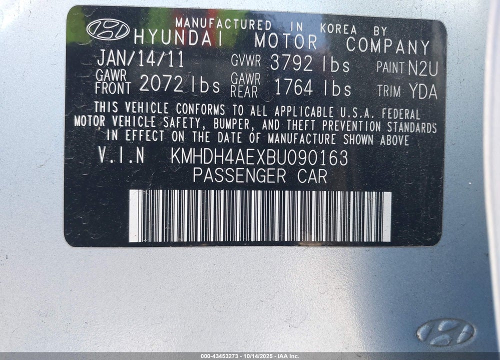 2011 HYUNDAI ELANTRA GLS (ULSAN PLANT) VIN: KMHDH4AEXBU090163