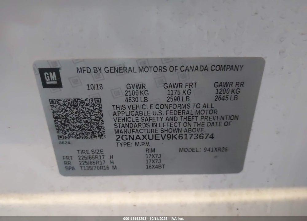 2019 CHEVROLET EQUINOX LT VIN: 2GNAXUEV9K6173674