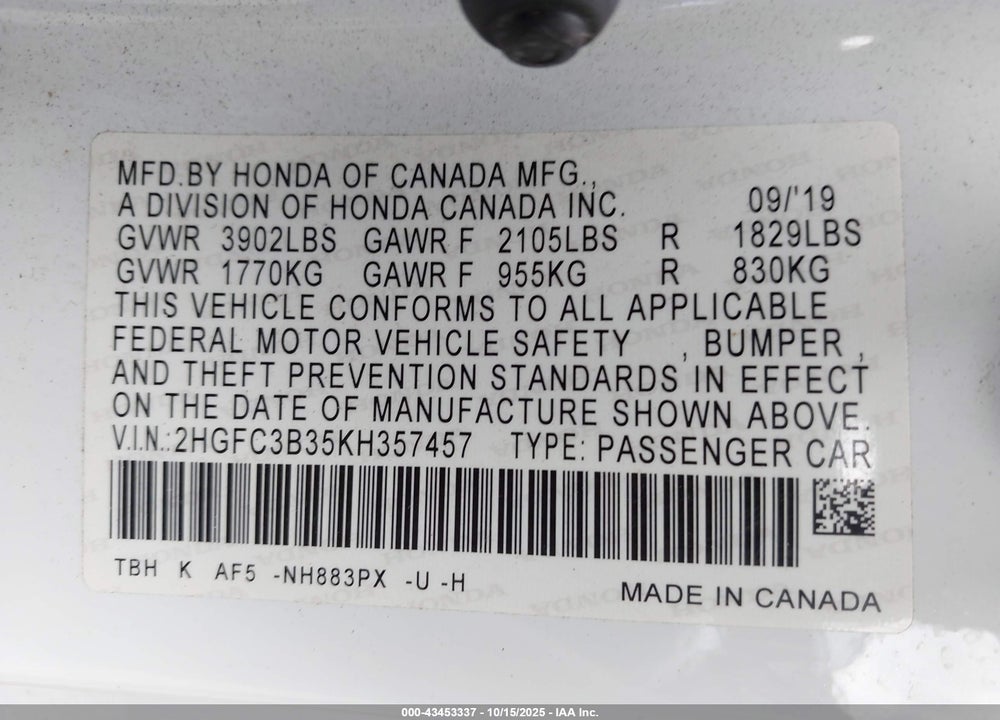 2019 HONDA CIVIC EX VIN: 2HGFC3B35KH357457