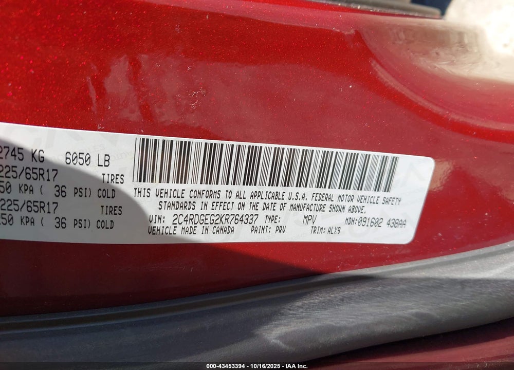 2019 DODGE GRAND CARAVAN GT VIN: 2C4RDGEG2KR764337
