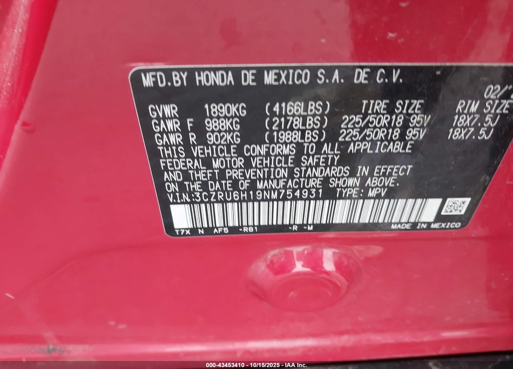 2022 HONDA HR-V VIN: 3CZRU6H19NM754931