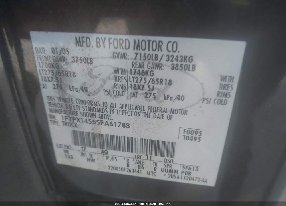 2005 FORD F-150 VIN: 1FTPX14555FA61788