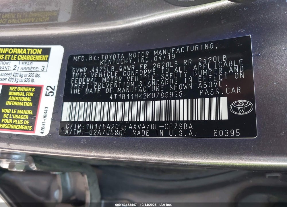 2019 TOYOTA CAMRY SE VIN: 4T1B11HK2KU789938