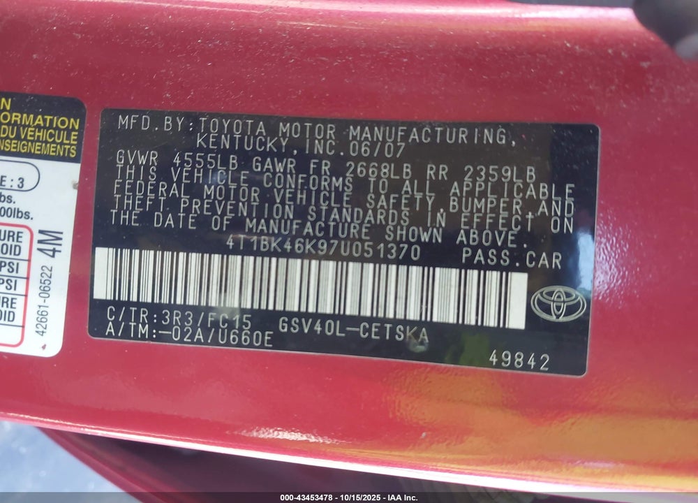 2007 TOYOTA CAMRY SE V6 VIN: 4T1BK46K97U051370