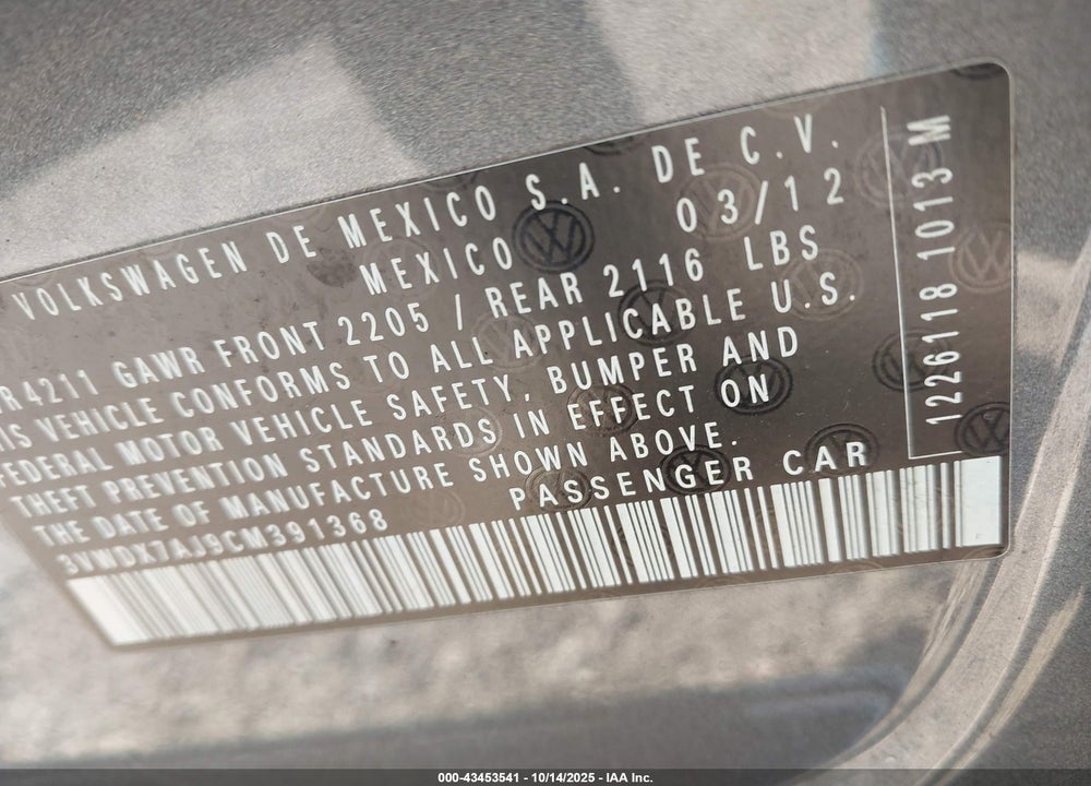 2012 VOLKSWAGEN JETTA 2.5L SE VIN: 3VWDX7AJ9CM391368