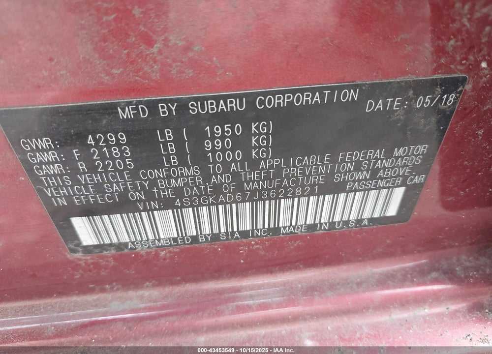 2018 SUBARU IMPREZA 2.0I PREMIUM VIN: 4S3GKAD67J3622821