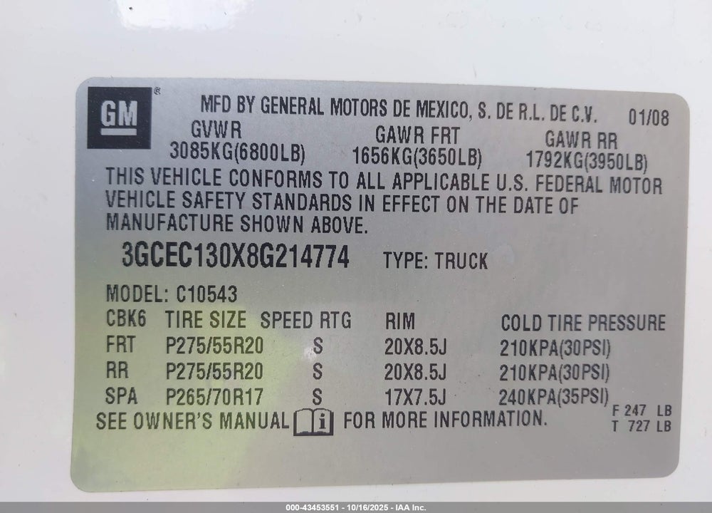 2008 CHEVROLET SILVERADO 1500 LT2 VIN: 3GCEC130X8G214774