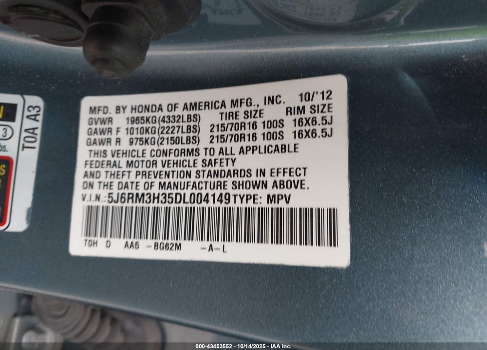 2013 HONDA CR-V LX VIN: 5J6RM3H35DL004149