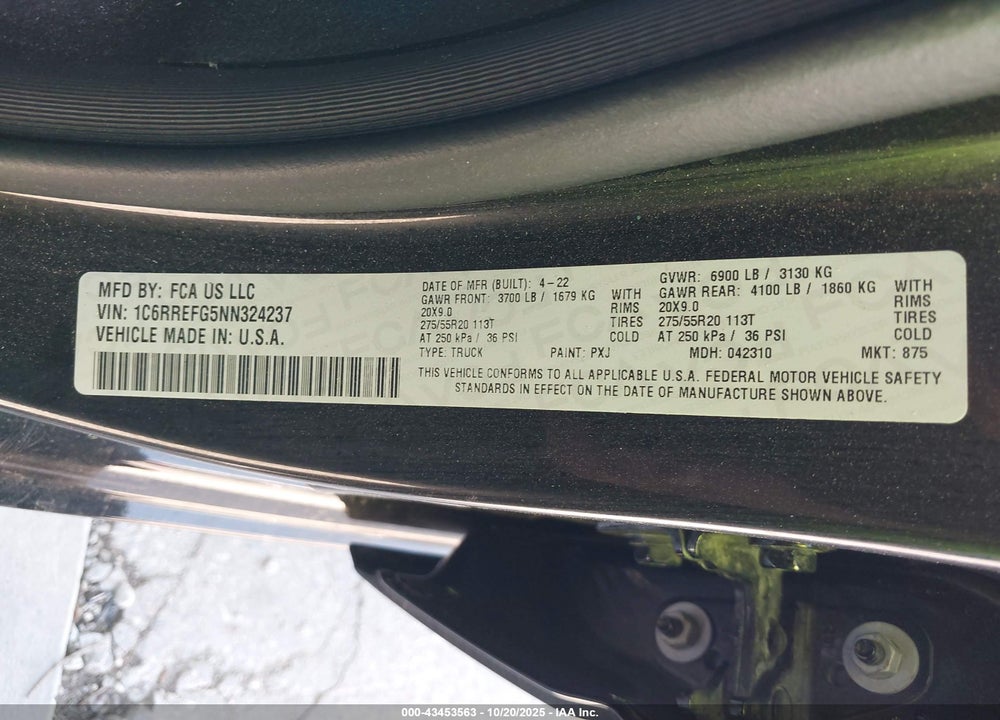 2022 RAM 1500 BIG HORN 4X2 5'7 BOX VIN: 1C6RREFG5NN324237