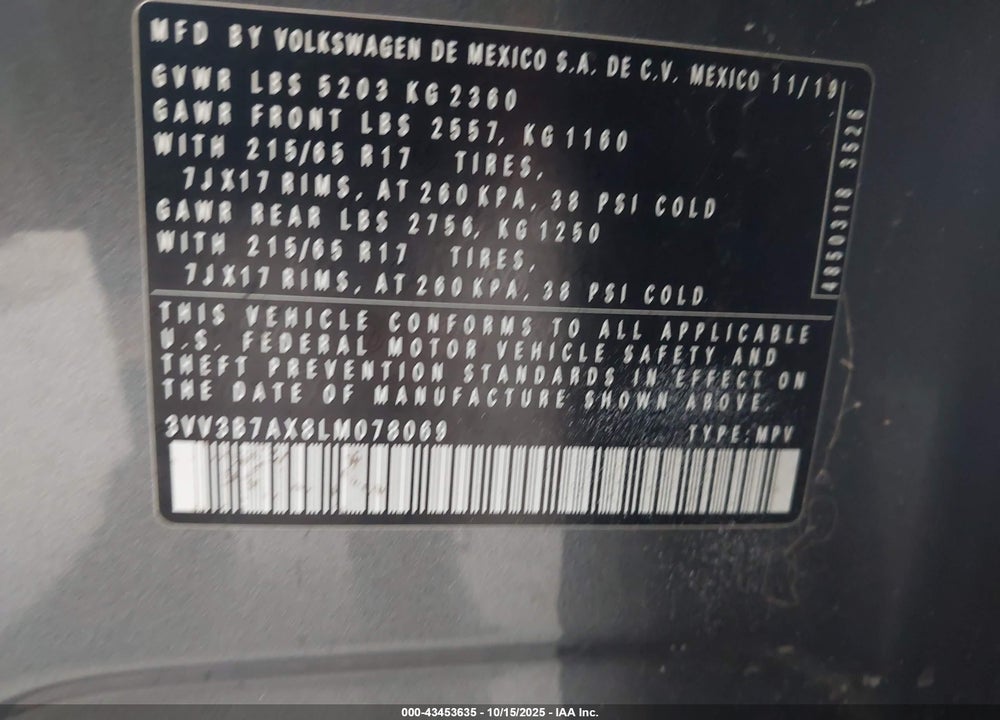 2020 VOLKSWAGEN TIGUAN VIN: 3VV3B7AX8LM078069