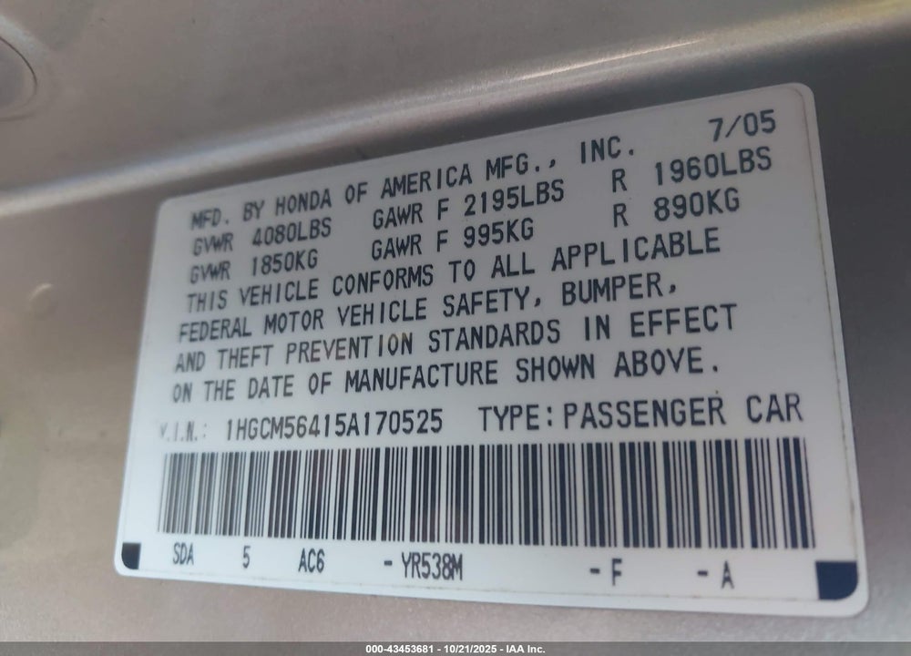 2005 HONDA ACCORD 2.4 LX VIN: 1HGCM56415A170525