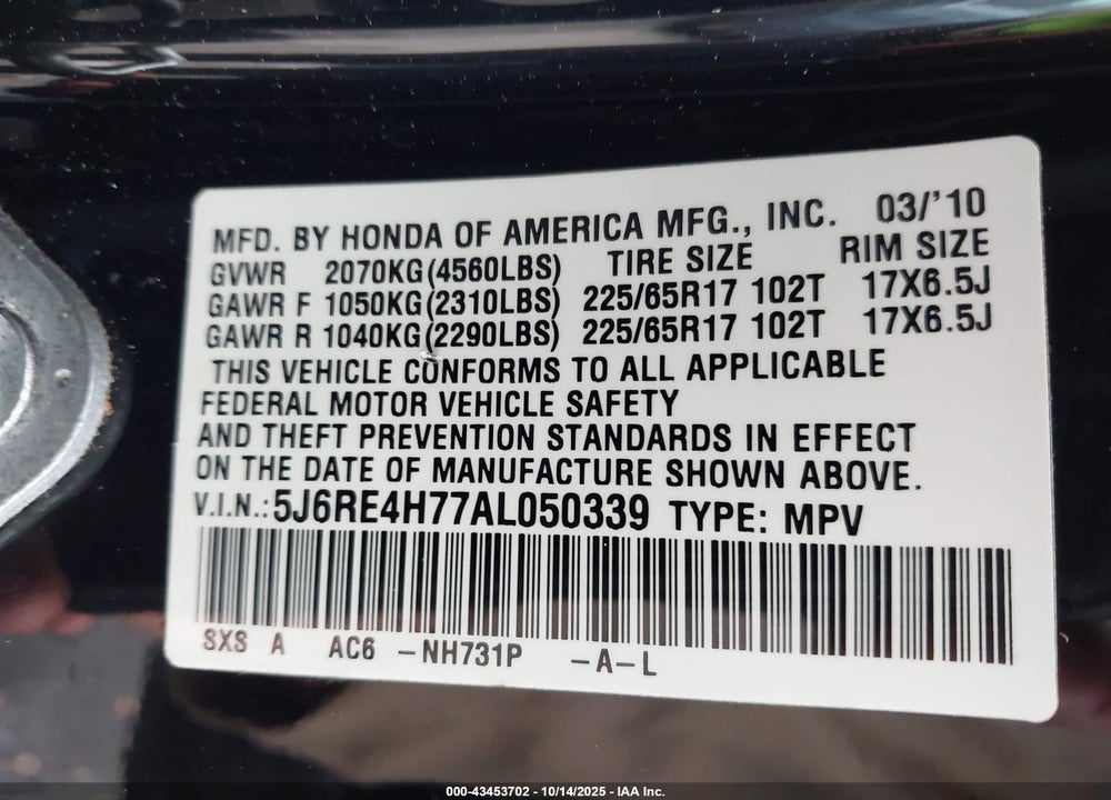 2010 HONDA CR-V EX-L VIN: 5J6RE4H77AL050339