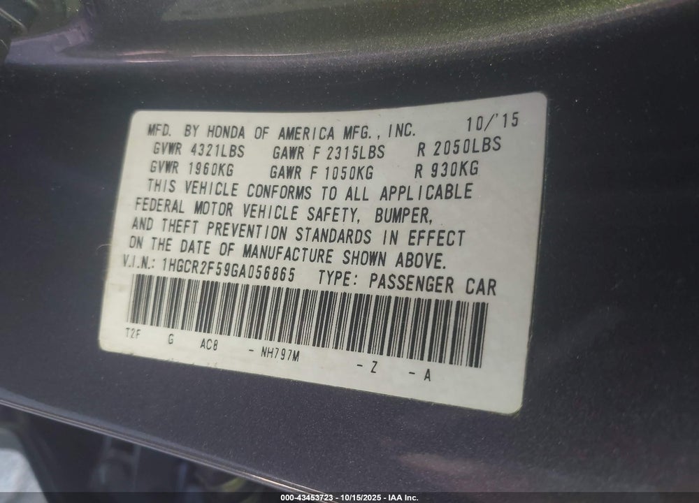 2016 HONDA ACCORD SPORT VIN: 1HGCR2F59GA056865