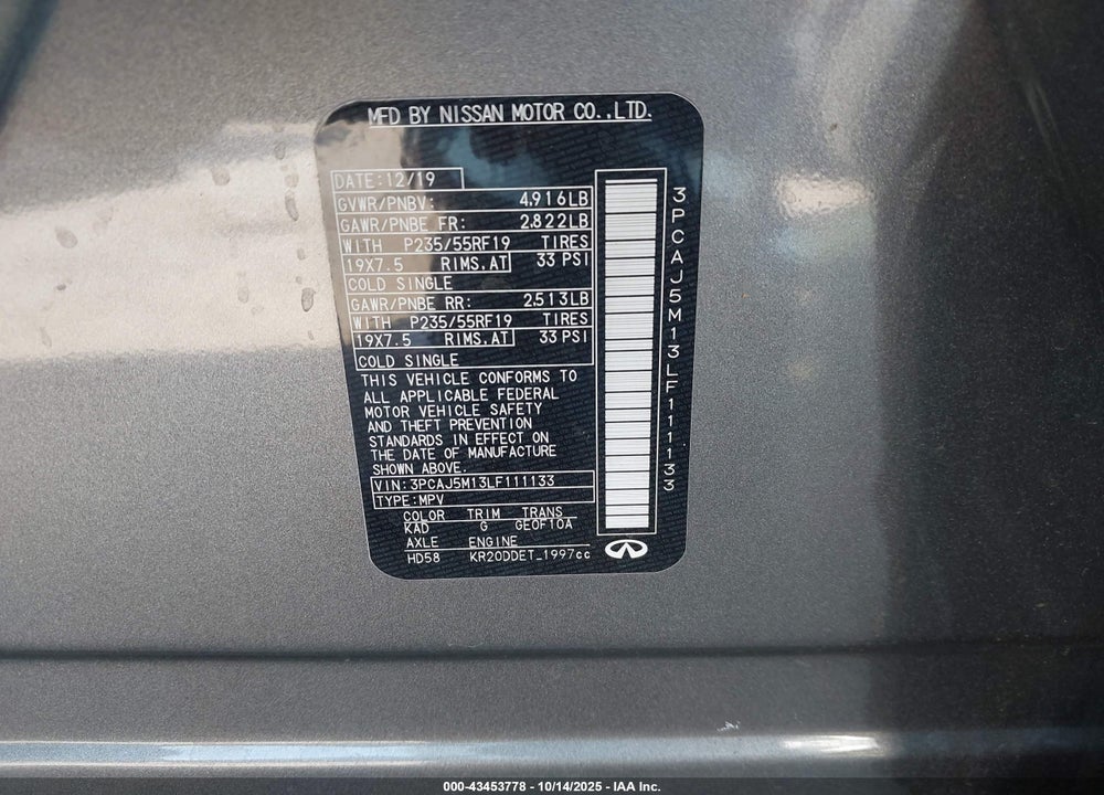2020 INFINITI QX50 ESSENTIAL VIN: 3PCAJ5M13LF111133