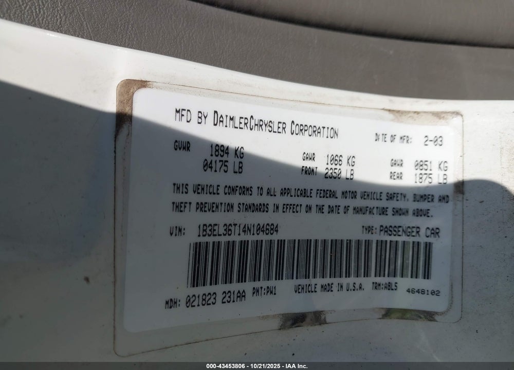 2004 DODGE STRATUS SE VIN: 1B3EL36T14N104684