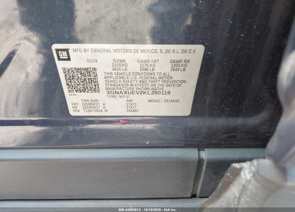 2019 CHEVROLET EQUINOX LT VIN: 3GNAXUEV2KL290119
