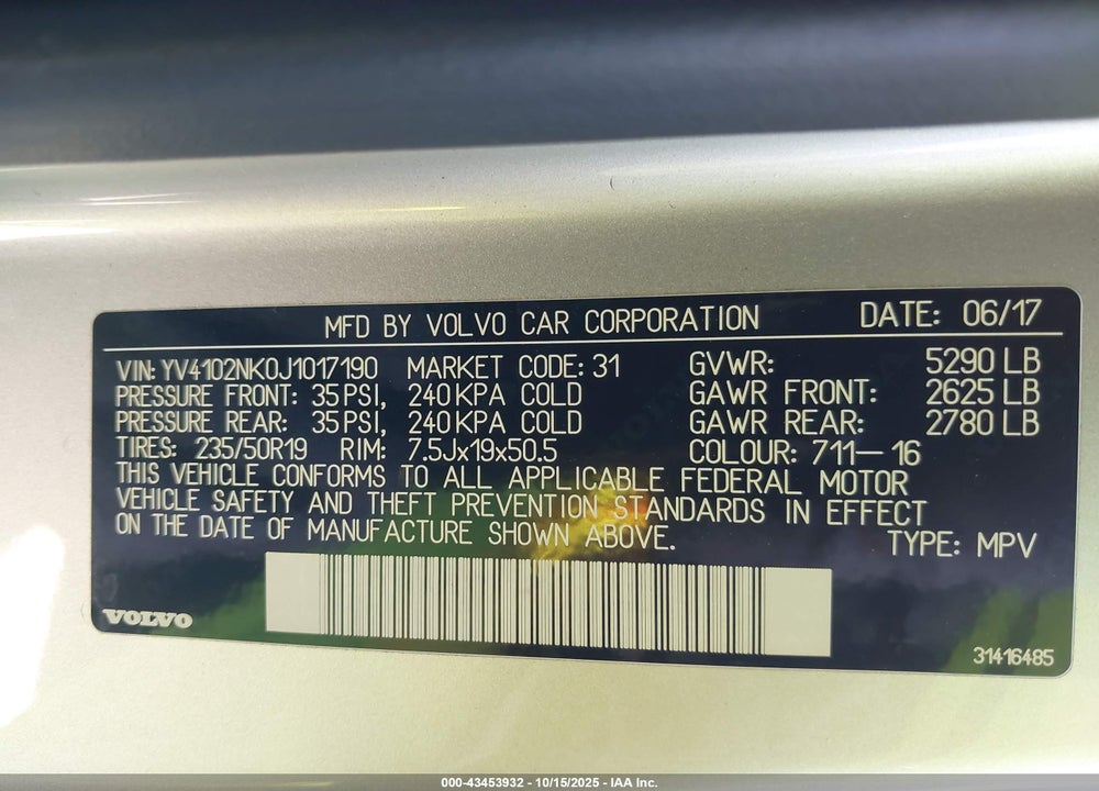 2018 VOLVO V90 CROSS COUNTRY T5 VIN: YV4102NK0J1017190