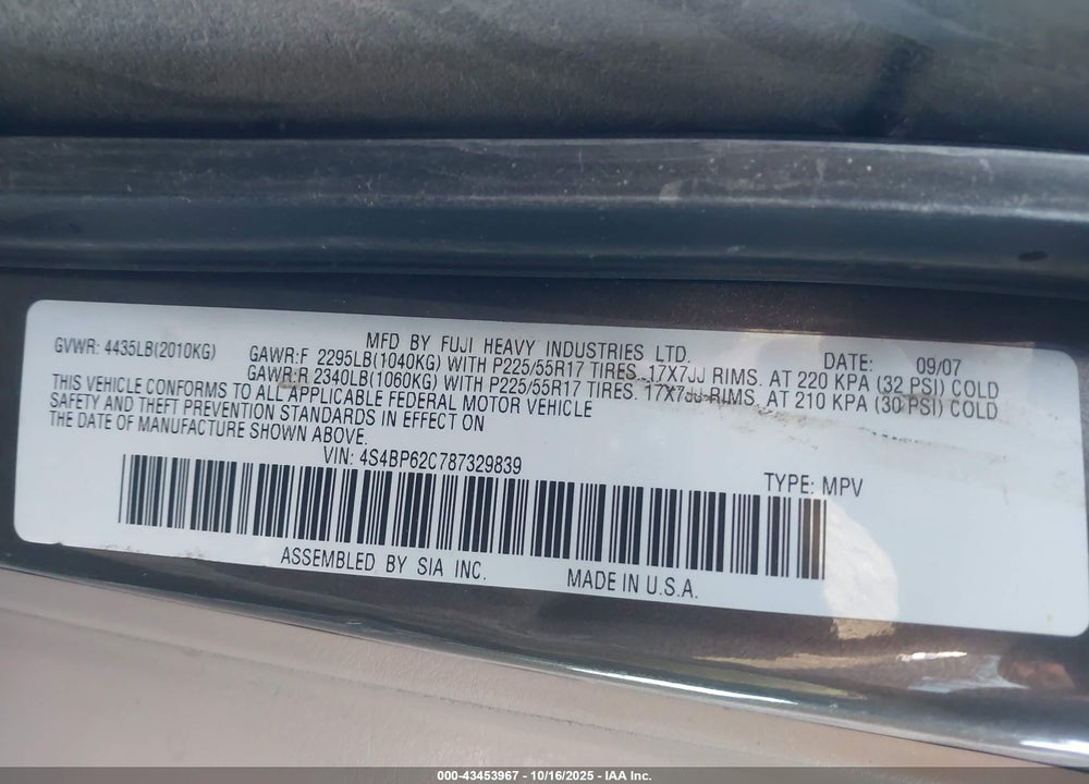 2008 SUBARU OUTBACK VIN: 4S4BP62C787329839