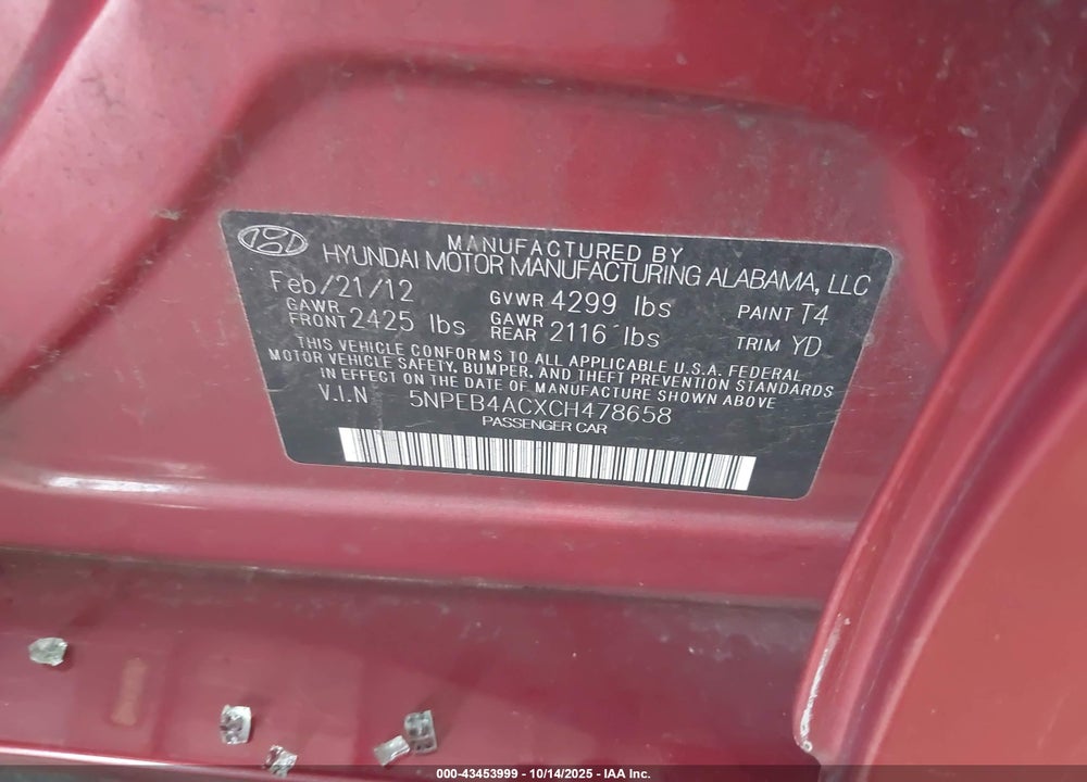 2012 HYUNDAI SONATA VIN: 5NPEB4ACXCH478658