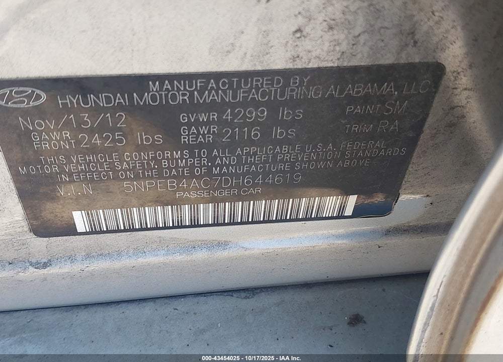 2013 HYUNDAI SONATA VIN: 5NPEB4AC7DH644619
