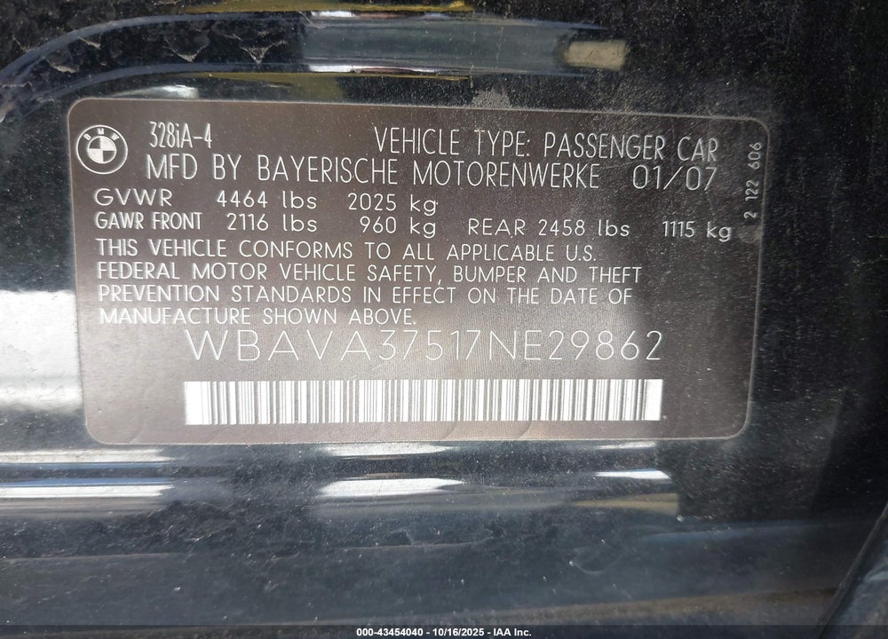 2007 BMW 3 SERIES VIN: WBAVA37517NE29862