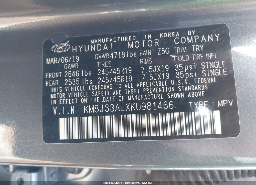 2019 HYUNDAI TUCSON VIN: KM8J33ALXKU981466