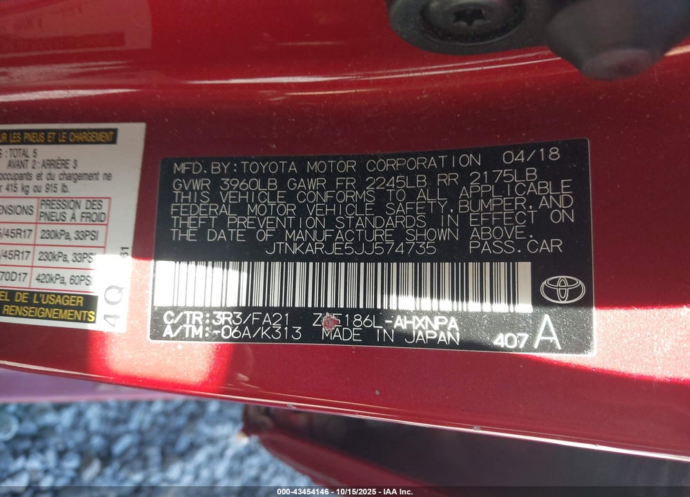 2018 TOYOTA COROLLA IM VIN: JTNKARJE5JJ574735