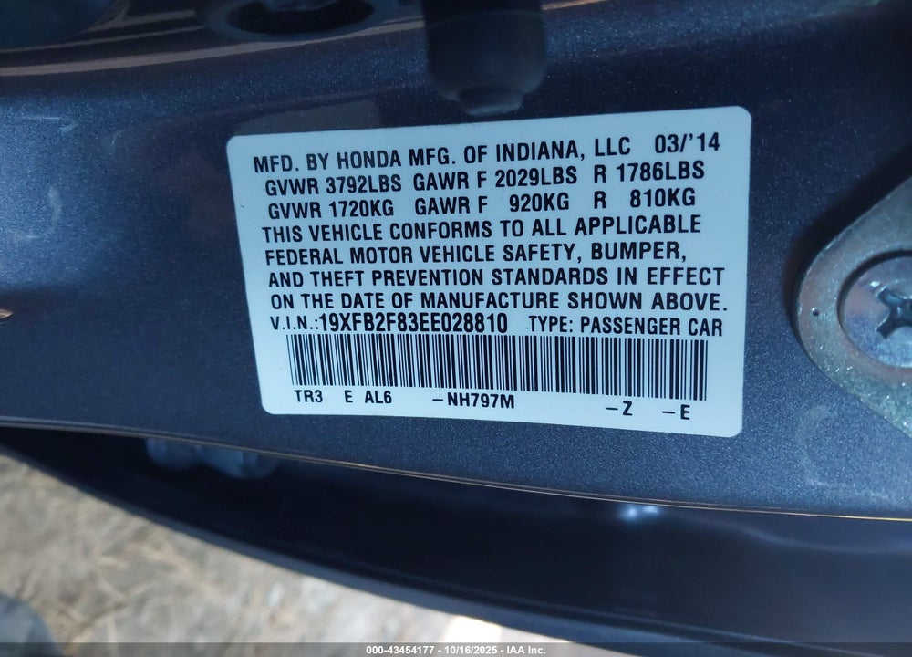 2014 HONDA CIVIC EX VIN: 19XFB2F83EE028810