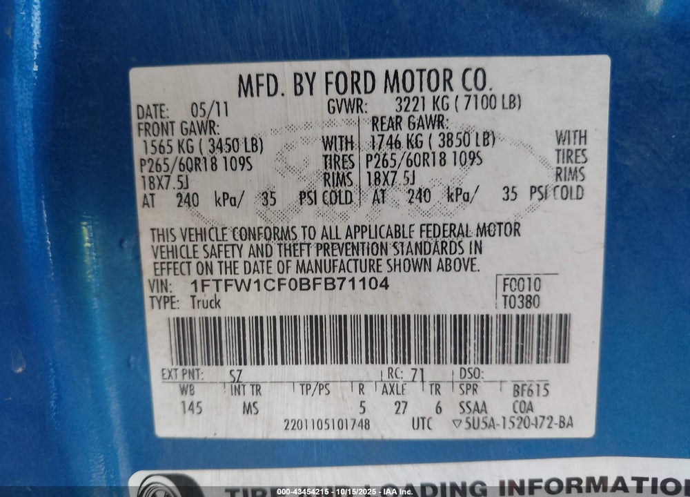 2011 FORD F-150 XLT VIN: 1FTFW1CF0BFB71104