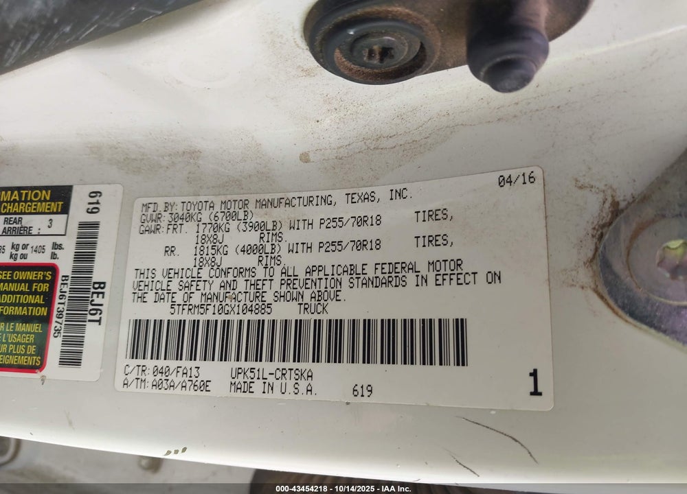 2016 TOYOTA TUNDRA VIN: 5TFRM5F10GX104885