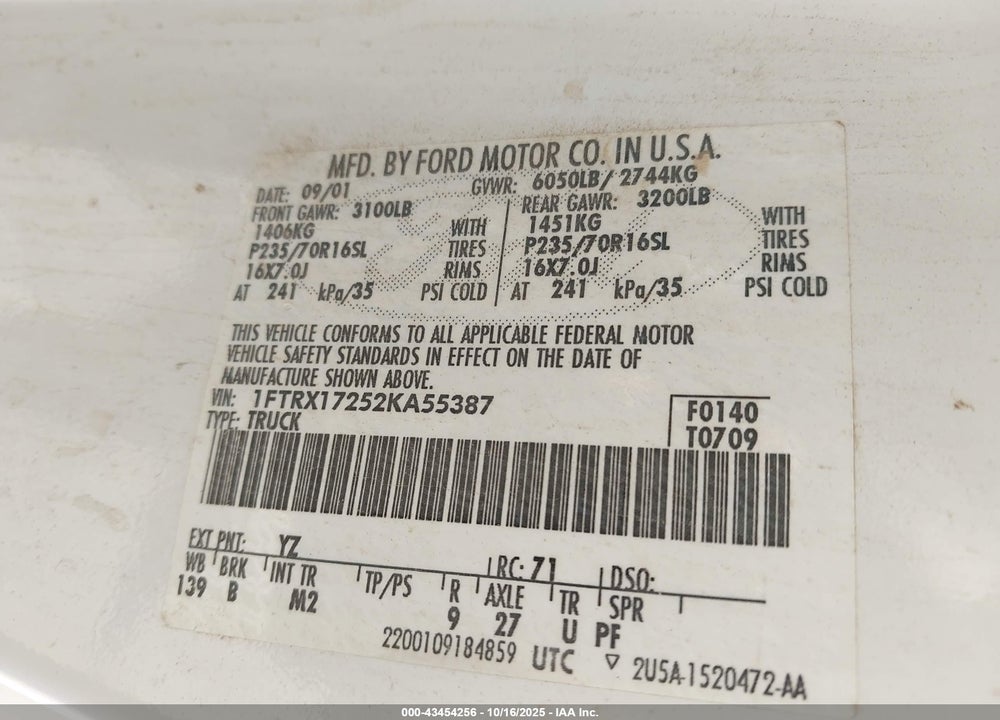 2002 FORD F-150 XL/XLT VIN: 1FTRX17252KA55387