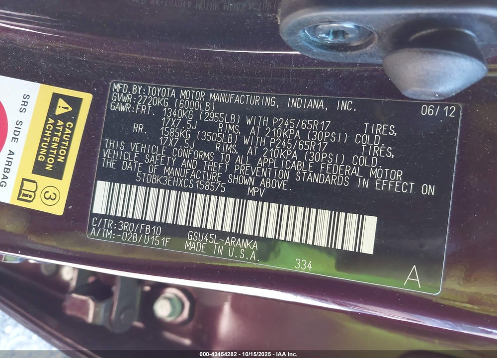 2012 TOYOTA HIGHLANDER BASE V6 VIN: 5TDBK3EHXCS158575