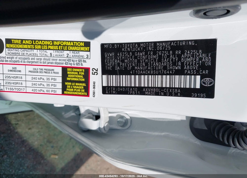 2025 TOYOTA CAMRY SE VIN: 4T1DAACK8SU176447