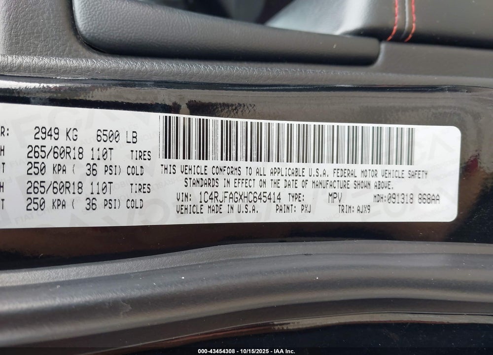 2017 JEEP GRAND CHEROKEE VIN: 1C4RJFAGXHC645414