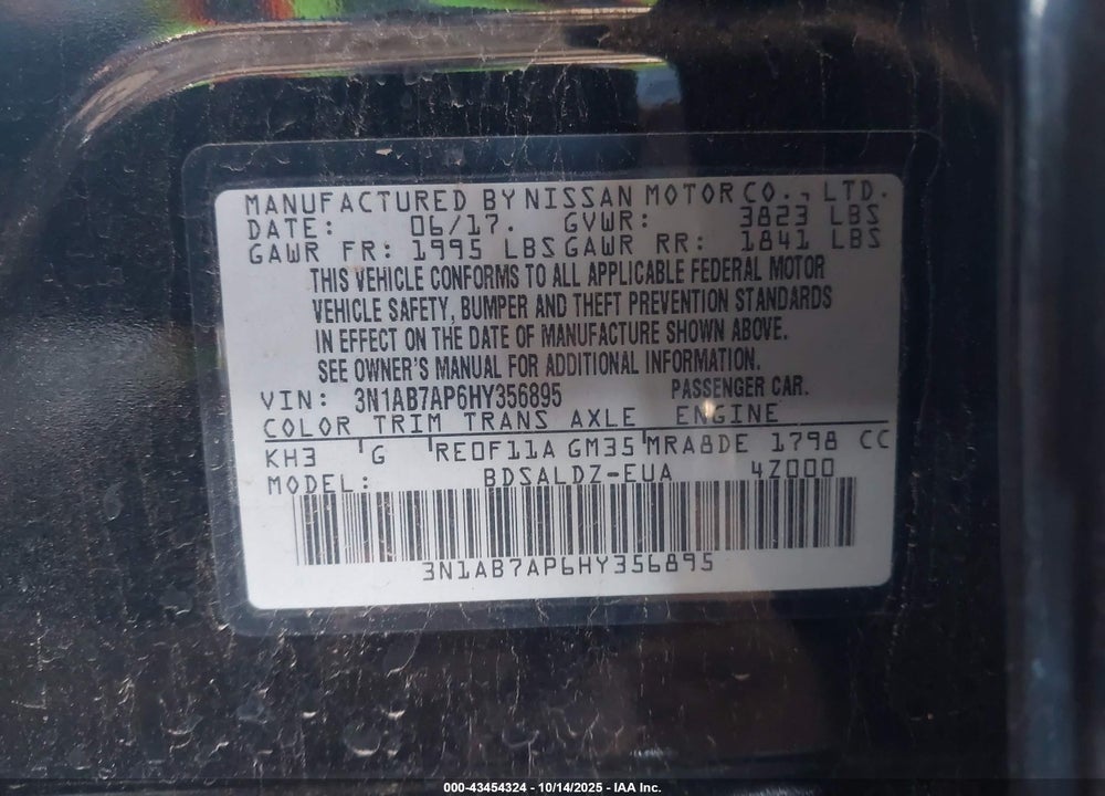 2017 NISSAN SENTRA VIN: 3N1AB7AP6HY356895