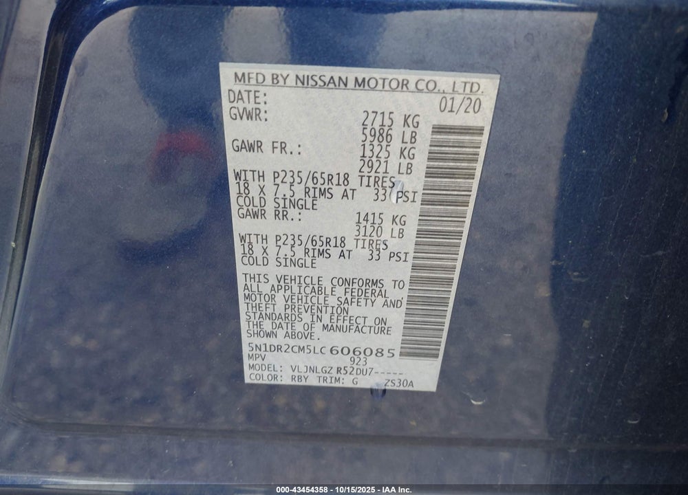2020 NISSAN PATHFINDER VIN: 5N1DR2CM5LC606085