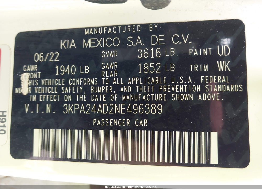 2022 KIA RIO LX VIN: 3KPA24AD2NE496389